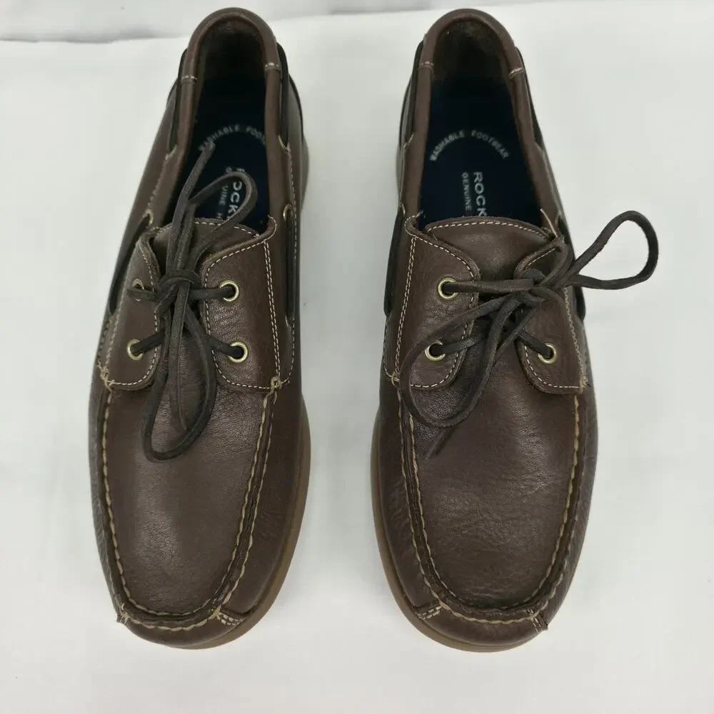 Rockport Mens 10M Handsewn Boat Shoes Brown Leather Moc Toe Casual Comfort
